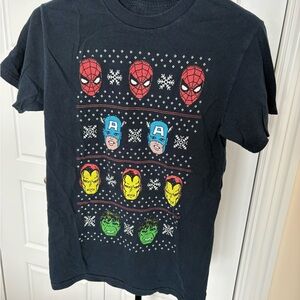 Marvel Black Tee with Red, Blue, Yellow, and Green